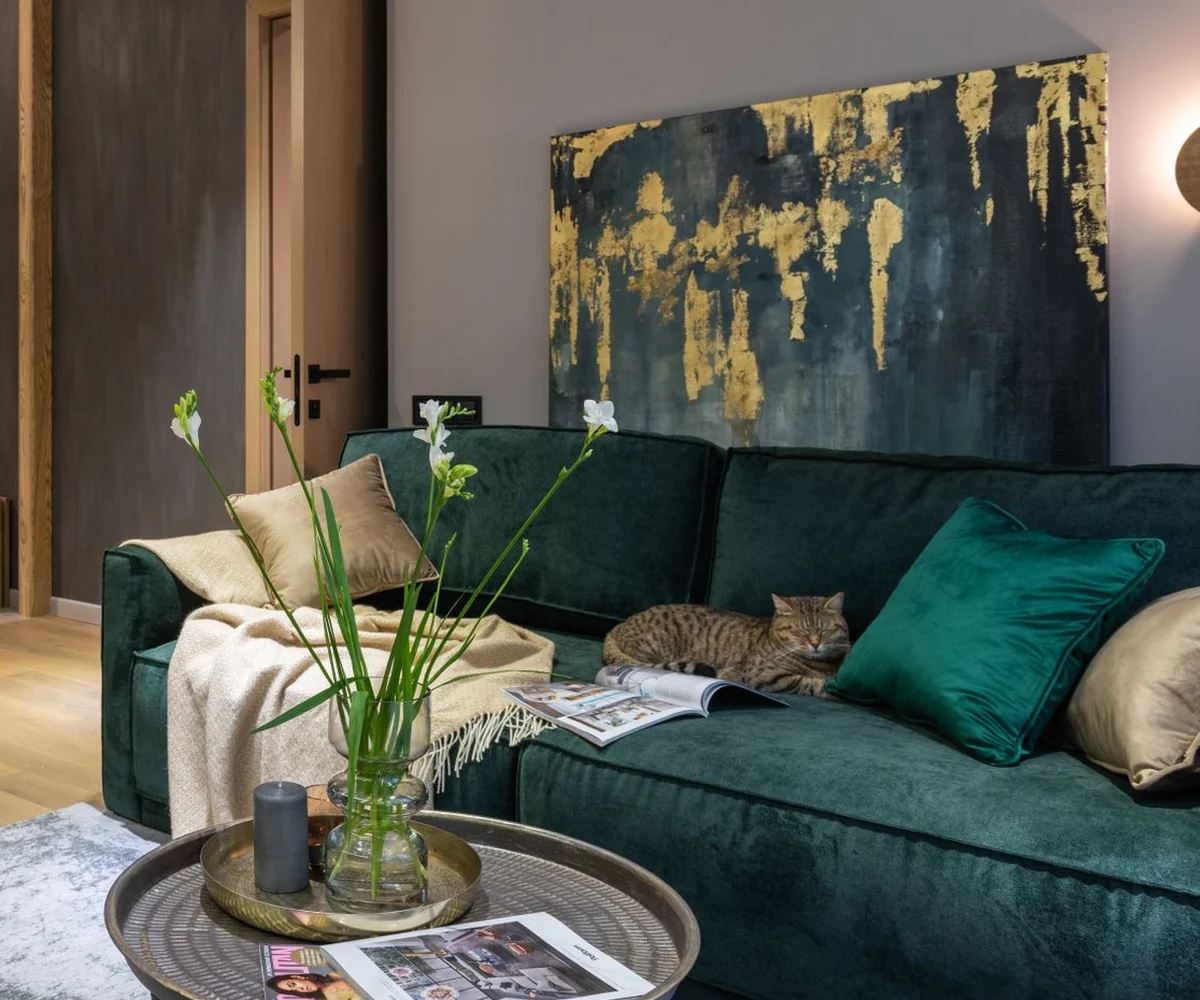 Sofa hijau di dalam ruang modern. — foto stok ilustratif, bukan produk atau dukungan FurniNest